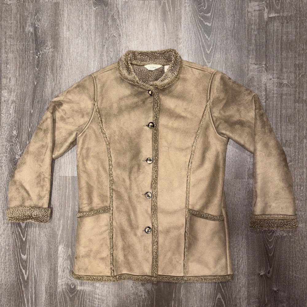 Vintage LL Bean Shearling Jacket Womens Medium Brown Sherpa Lined Suede Coat Tan